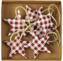 Dekorační hvězdy s červeno-bílým kostkovaným vzorem a šňůrkou v kartonové krabici