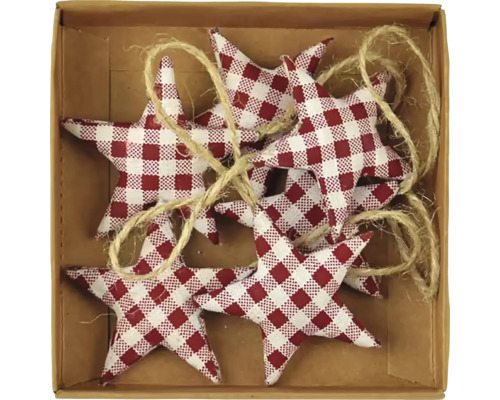 Dekorační hvězdy s červeno-bílým kostkovaným vzorem a šňůrkou v kartonové krabici