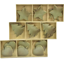 Dekorativní dřevěné přívěsky ve tvaru hvězdy, stromu a srdce v sadě