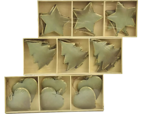 Dekorativní dřevěné přívěsky ve tvaru hvězdy, stromu a srdce v sadě