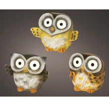Tři ozdobné soví figurky do zahrady se solárníma očima