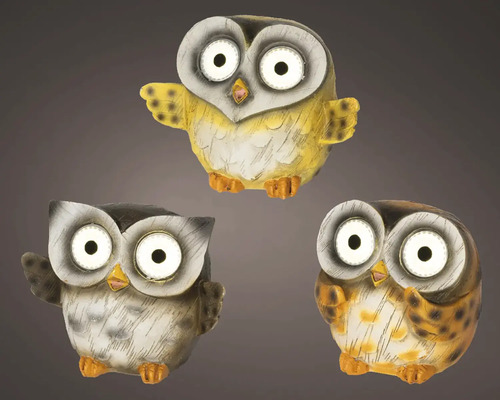 Tři ozdobné soví figurky do zahrady se solárníma očima