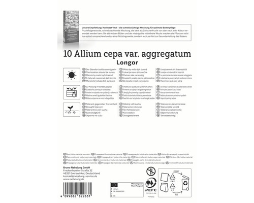 Balení 10 cibulí Allium cepa var. aggregatum Longor s informacemi o umístění, výsadbě a vlastnostech