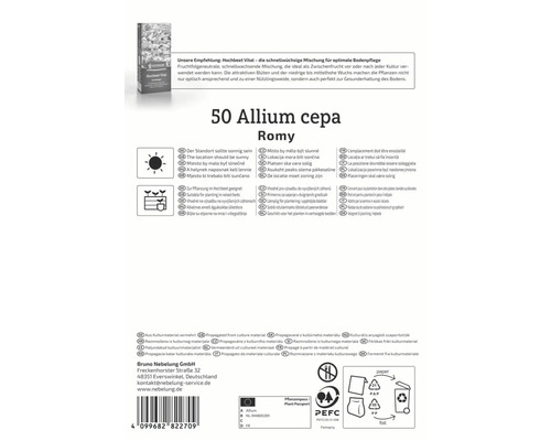 Informace o Allium cepa Romy, včetně požadavků na umístění, pokynů pro výsadbu a informací o materiálu