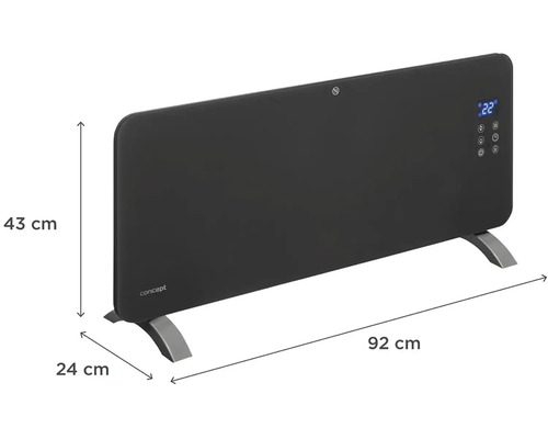 Černý konvekční ohřívač o rozměrech 43 cm na výšku, 92 cm na délku a 24 cm do hloubky