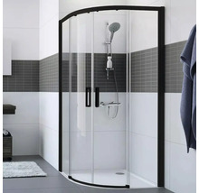 Sprchový kout s rohovým vstupem a černým rámem v koupelně