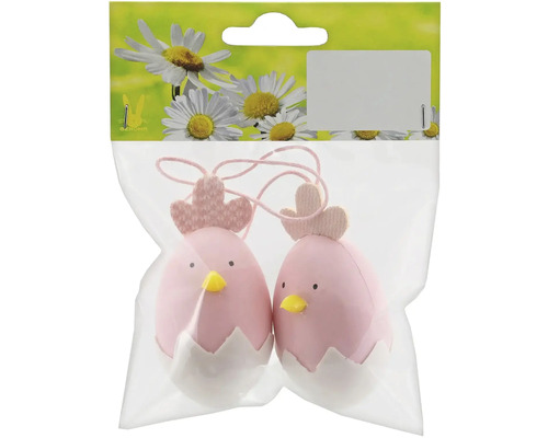 Velikonoční dekorace závěsná kuřátka ve vajíčku 2 ks růžová Dekorativní figurky kuřat v obalu skořápky pro velikonoční dekoraci
