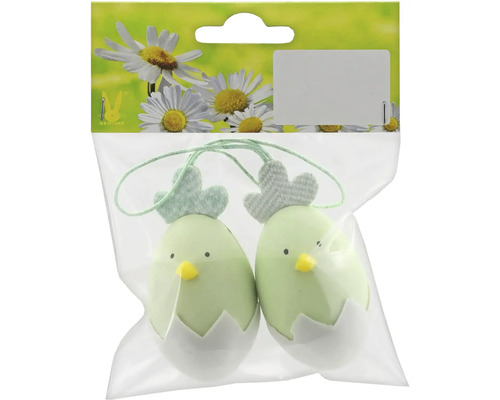 Velikonoční dekorace závěsná kuřátka ve vajíčku 7 cm 2 ks Balení dvou přívěsků kuřátek líhnoucích se z vaječných skořápek se závěsnými šňůrkami