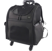 Černá taška pro domácí mazlíčky s kolečky, madlem a popruhy batohu.