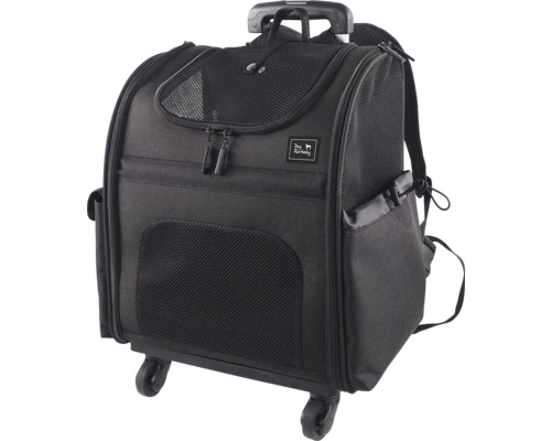 Černá taška pro domácí mazlíčky s kolečky, madlem a popruhy batohu.