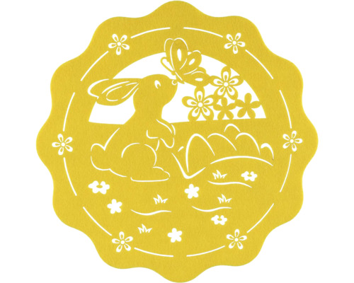 Velikonoční prostírání Ø 33 cm žluté Dekorativní obrázek do okna s motivem zajíce, motýla a květin