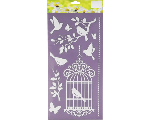 List samolepek s motivy ptáků, motýlů a klecí