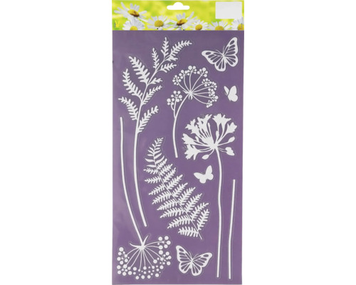 Dekorativní samolepky třpytivé motiv rostlin 18,5 x 39 cm bílé Dekorativní okenní fólie s motivy rostlin a motýlů