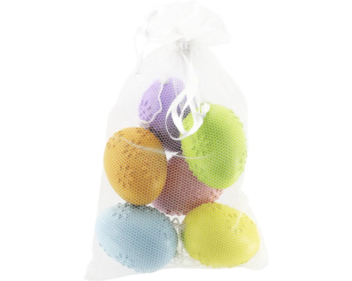 Velikonoční vajíčka plastová 6 cm barevná 6 ks Vícebarevné koupelové houby v síťovém sáčku