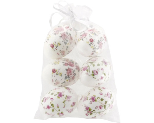 Velikonoční vajíčka plastová květinový motiv 4 x 6 cm bílá 6 ks Sáček se šesti velikonočními vejci s květinovým vzorem
