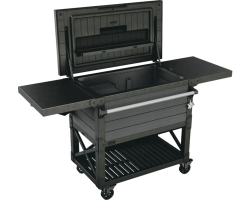 Mobilní chladicí vozík s odkládacími plochami a otvírákem na láhve pro venkovní použití