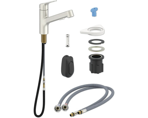 Kuchyňská baterie s montážním příslušenstvím a flexibilními připojovacími hadicemi