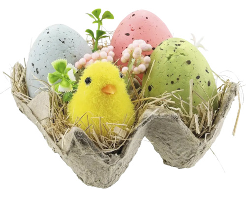 Velikonoční stolní dekorace kuřátko s vajíčky 10 x 10 x 7 cm Velikonoční dekorace s kuřátkem, vejci, rostlinami a hnízdem