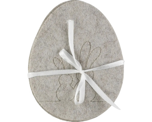 Velikonoční podložka vajíčko filc 12 x 15 cm šedá 3 ks Dekorativní plstěná vejce s motivem zajíčka a stuhou