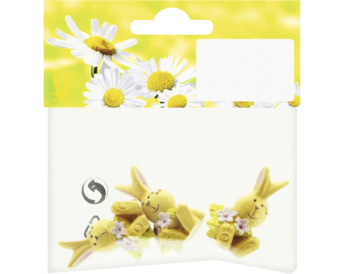 Velikonoční figurky zajíčci polyresin 3,5 cm 3 ks Balení se třemi žlutými figurkami zajíčků s květinovou výzdobou