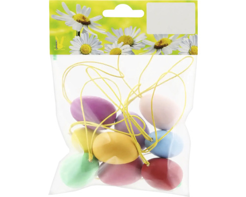 Velikonoční vajíčka závěsná dřevěná 9 ks barevná Balení různobarevných velikonočních vajíček na žluté niti