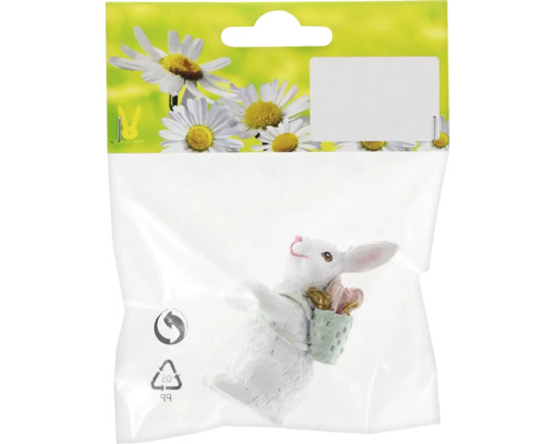 Velikonoční figurka králík polyresin 2,5 x 6 cm bílý Dekorační zajíček s košíkem v obalu