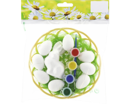 Kreativní sada velikonoční 20 x 17 cm Velikonoční kreativní sada s vejci, figurkou zajíčka, barvami a štětcem v košíku