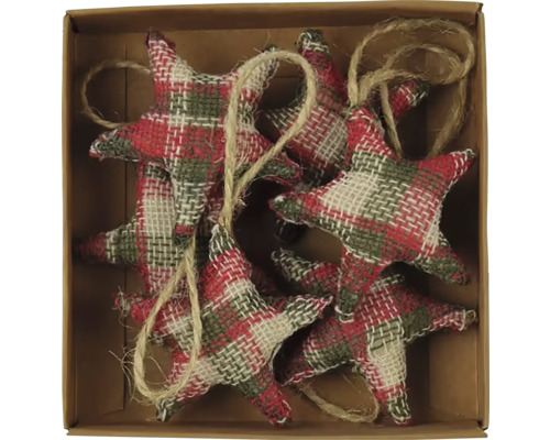 Závěsná dekorace hvězda KOSTIČKY, textil Karton s několika ozdobnými hvězdami s kostkovaným vzorem a šňůrkou na zavěšení