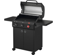 Černý plynový gril se dvěma bočními stolky a spodní skříňkou