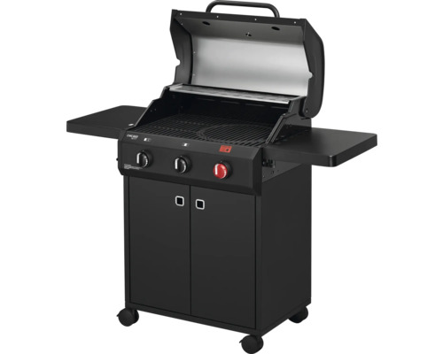 Černý plynový gril se dvěma bočními stolky a spodní skříňkou