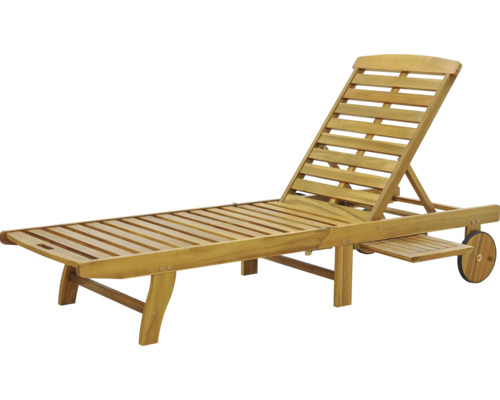 Dřevěné lehátko s nastavitelným opěradlem a kolečky do zahrady