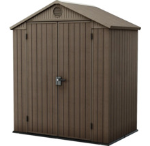 Zahradní skříň s dvoukřídlými dveřmi a sedlovou střechou pro venkovní skladování