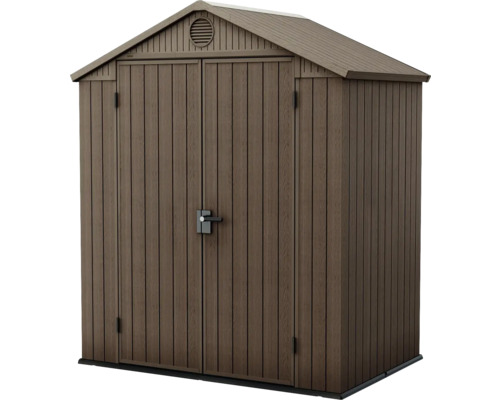 Zahradní skříň s dvoukřídlými dveřmi a sedlovou střechou pro venkovní skladování