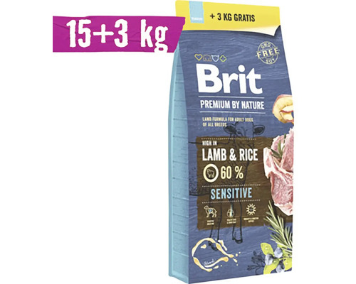 Granule pro psy Brit Premium by Nature Sensitive 15+3 kg< Brit Premium jehněčí s rýží krmivo pro psy, balení 15 plus 3 kilogramy