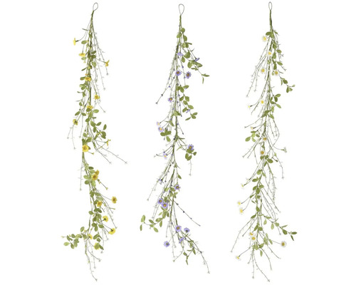 Umělá girlanda s kvítky 120 cm, různé druhy Tři girlandy s listy a květy v žluté, fialové a bílé barvě