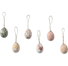 Dekorativní velikonoční vajíčka s květinovými vzory a motivem slepice k zavěšení