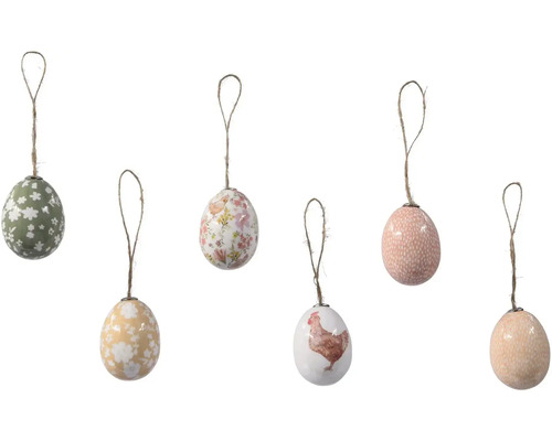 Dekorativní velikonoční vajíčka s květinovými vzory a motivem slepice k zavěšení