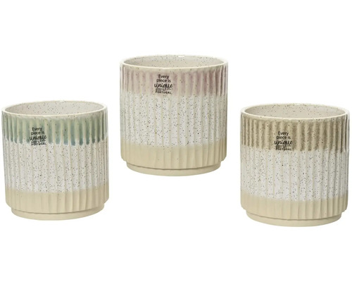 Obal na květináč keramický Ø 13 x 13 cm, různé barvy Tři rýhované keramické květináče s nápisem z Portugalska