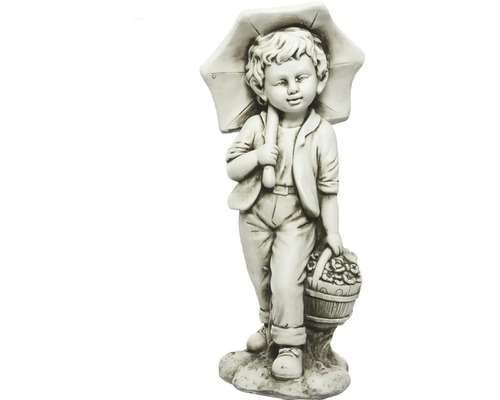 Dekorativní zahradní figurka chlapce s deštníkem a košíkem květin