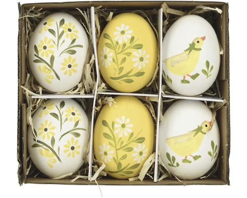 Šest dekorativních velikonočních vajíček s květinovými a kuřecími motivy v krabici