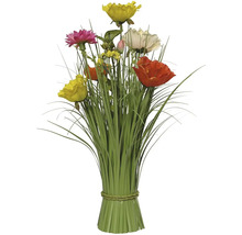 Dekorativní kytice s různými umělými květinami a trávami.