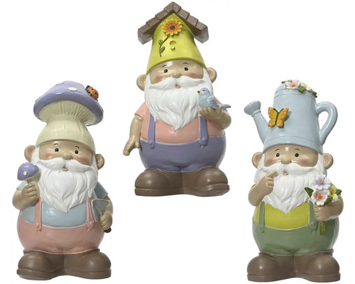 Tři zahradní figurky trpaslíků s ptačí budkou, houbou a konví