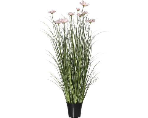 Umělá rostlina s růžovými květy a trávou v černém květináči