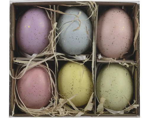 Šest dekorativních velikonočních vajíček v krabici se slámou