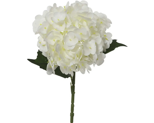 Umělá bílá hortenzie s stonkem a zelenými listy.