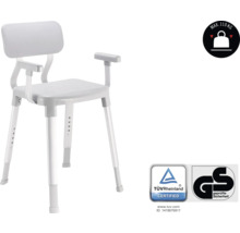 Sprchová židle s opěradlem a područkami, výškově nastavitelná, maximální nosnost 110 kilogramů, certifikát TÜV Rheinland, pečeť ověřené bezpečnosti