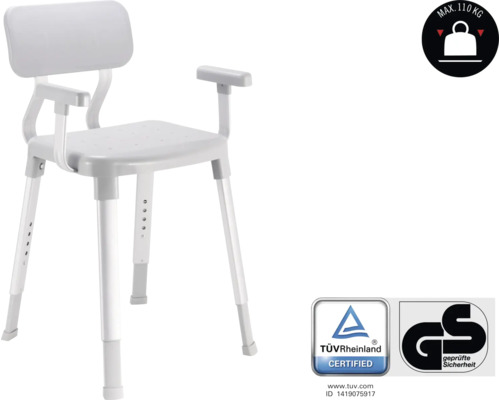 Sprchová židle s opěradlem a područkami, výškově nastavitelná, maximální nosnost 110 kilogramů, certifikát TÜV Rheinland, pečeť ověřené bezpečnosti