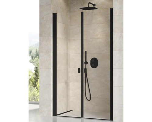 Sprchový kout s černým rámem, sprchovou hlavicí a armaturami