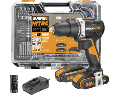 Aku vrtačka/šroubovák Worx Nitro s příslušenstvím, bateriemi a nabíječkou