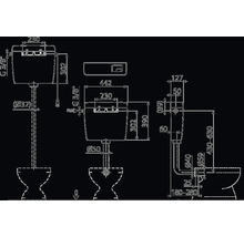 Technický výkres splachovací nádrže s rozměry.